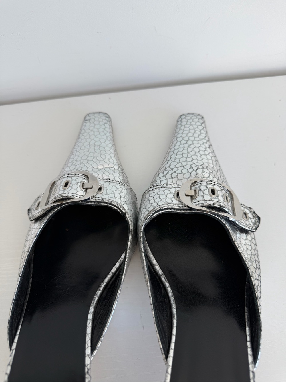 BY FAR 39 Evelyn Metallic Silver Pointed-Toe Mule Heels with Buckle - Picture 9 of 13